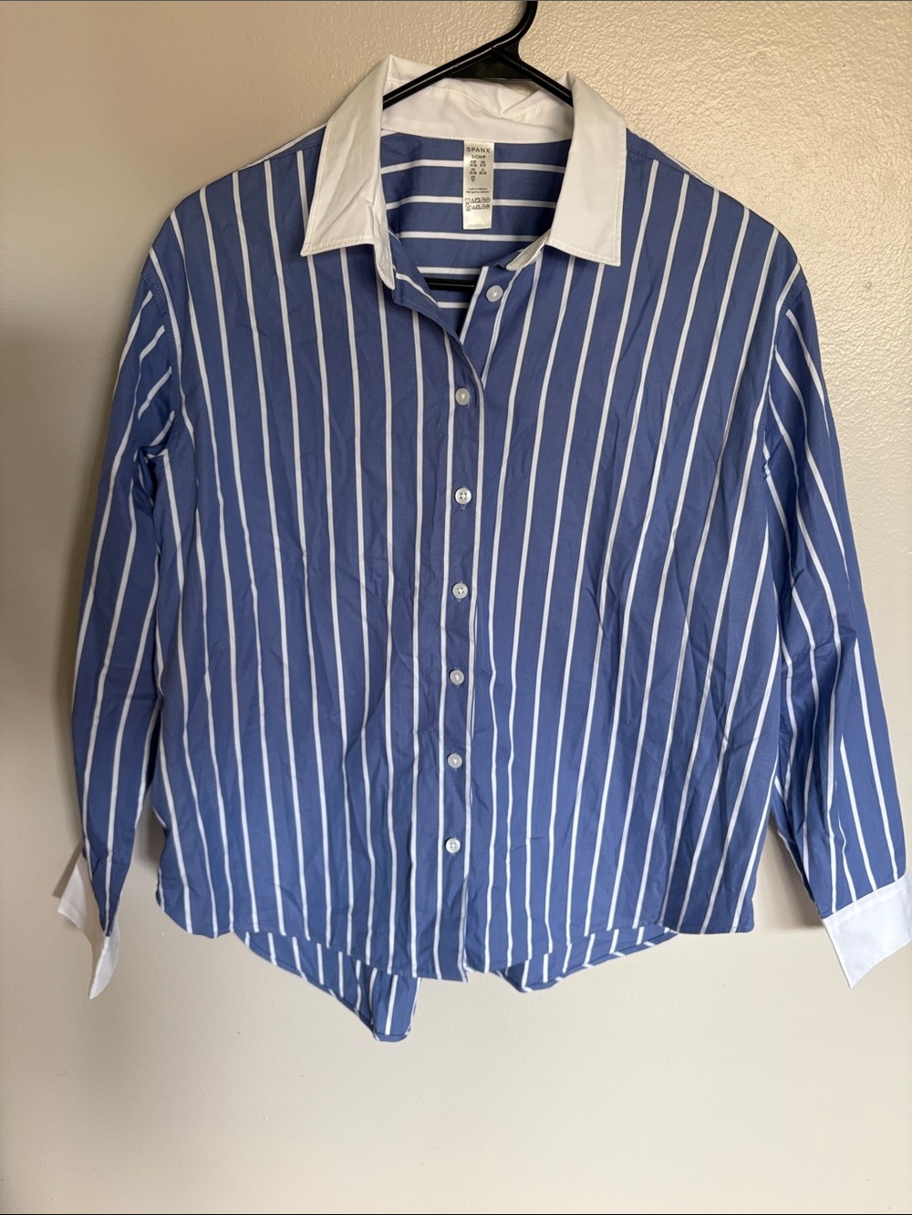 SPANX Relaxed Women’s Blue and White Vertical Stripe Dress Shirt